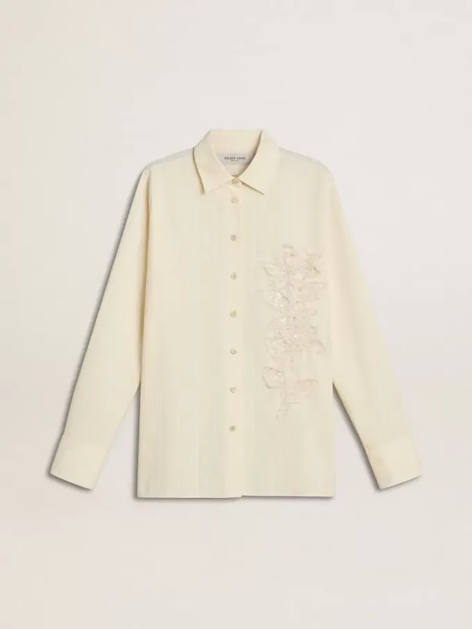 Cămașă din bumbac de culoare crem pentru femei, cu broderie florală Cămașă din bumbac de culoare crem pentru femei, cu broderie florală