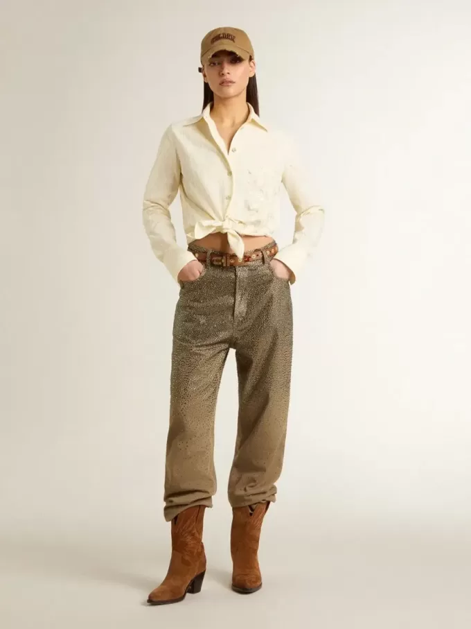 Cămașă din bumbac de culoare crem pentru femei, cu broderie florală Cămașă din bumbac de culoare crem pentru femei, cu broderie florală