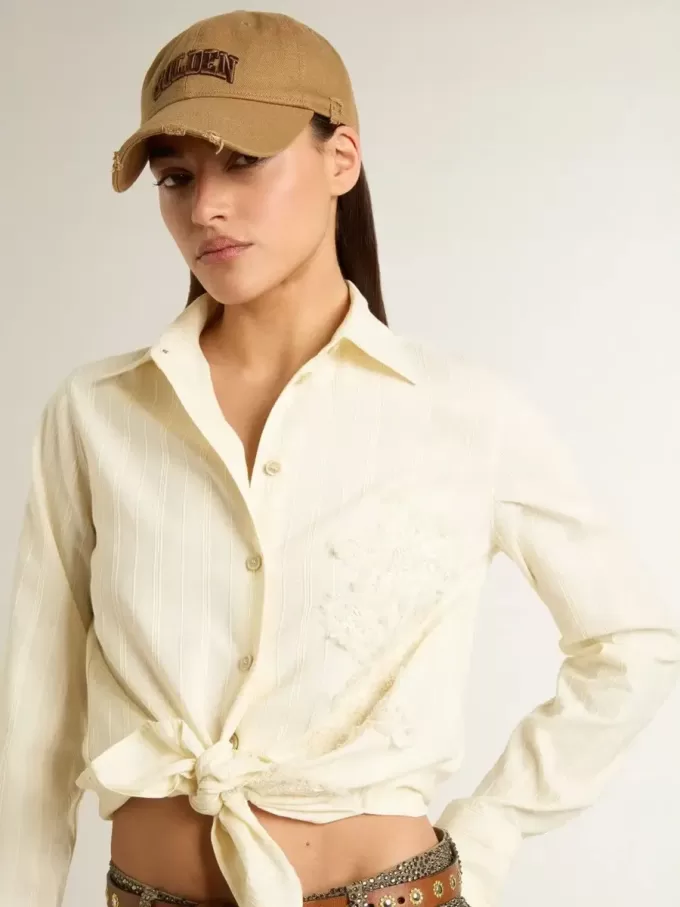 Cămașă din bumbac de culoare crem pentru femei, cu broderie florală Cămașă din bumbac de culoare crem pentru femei, cu broderie florală