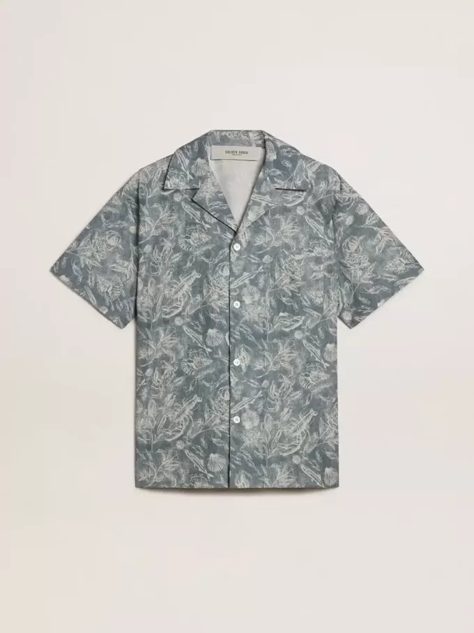 Cămașă din poplin pentru bărbați, cu mâneci scurte, în stil pijama, cu imprimeu marin albastru și alb Cămașă din poplin pentru bărbați, cu mâneci scurte, în stil pijama, cu imprimeu marin albastru și alb
