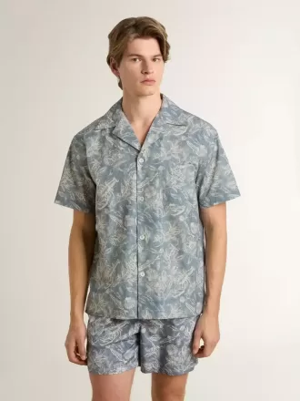 Cămașă din poplin pentru bărbați, cu mâneci scurte, în stil pijama, cu imprimeu marin albastru și alb Cămașă din poplin pentru bărbați, cu mâneci scurte, în stil pijama, cu imprimeu marin albastru și alb