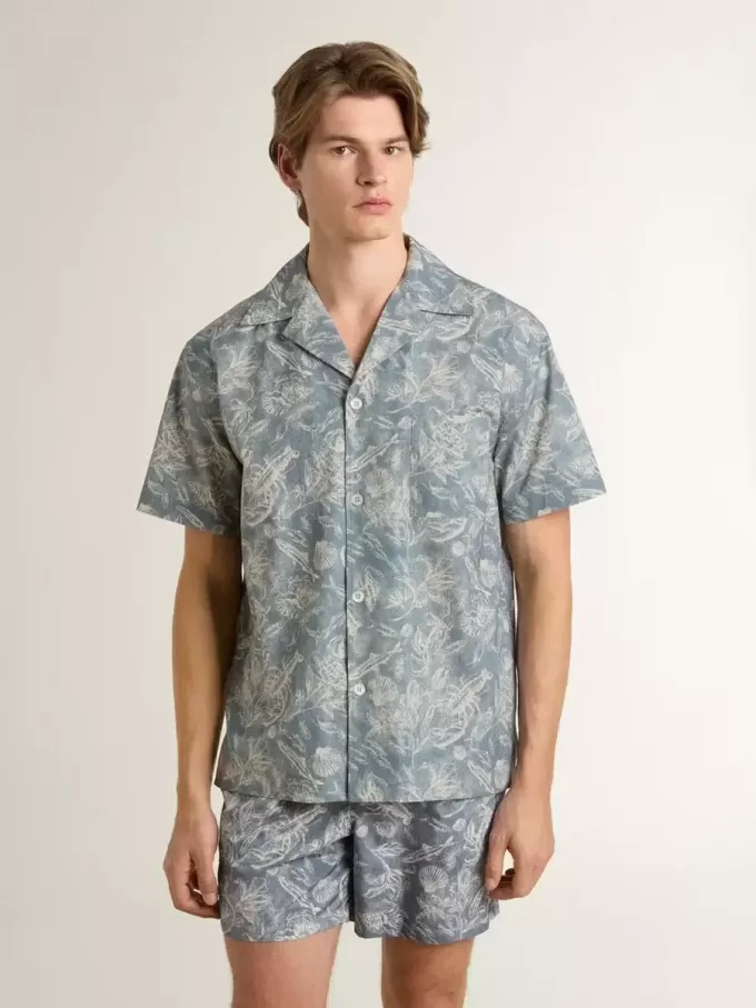 Cămașă din poplin pentru bărbați, cu mâneci scurte, în stil pijama, cu imprimeu marin albastru și alb Cămașă din poplin pentru bărbați, cu mâneci scurte, în stil pijama, cu imprimeu marin albastru și alb