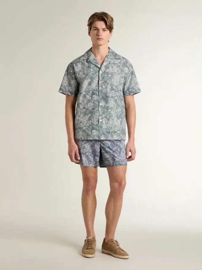Cămașă din poplin pentru bărbați, cu mâneci scurte, în stil pijama, cu imprimeu marin albastru și alb Cămașă din poplin pentru bărbați, cu mâneci scurte, în stil pijama, cu imprimeu marin albastru și alb