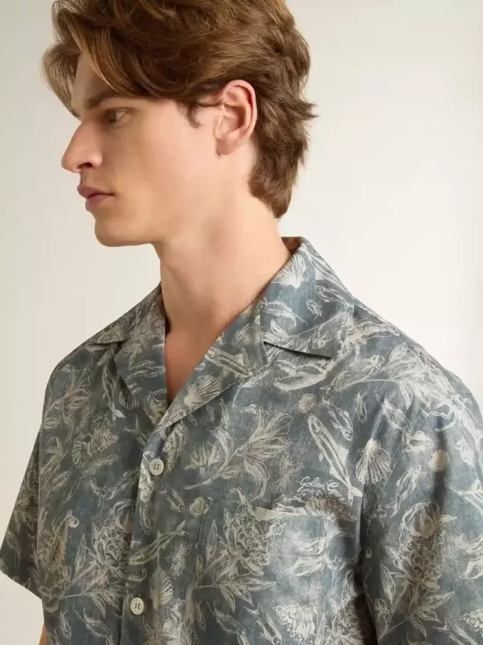 Cămașă din poplin pentru bărbați, cu mâneci scurte, în stil pijama, cu imprimeu marin albastru și alb Cămașă din poplin pentru bărbați, cu mâneci scurte, în stil pijama, cu imprimeu marin albastru și alb