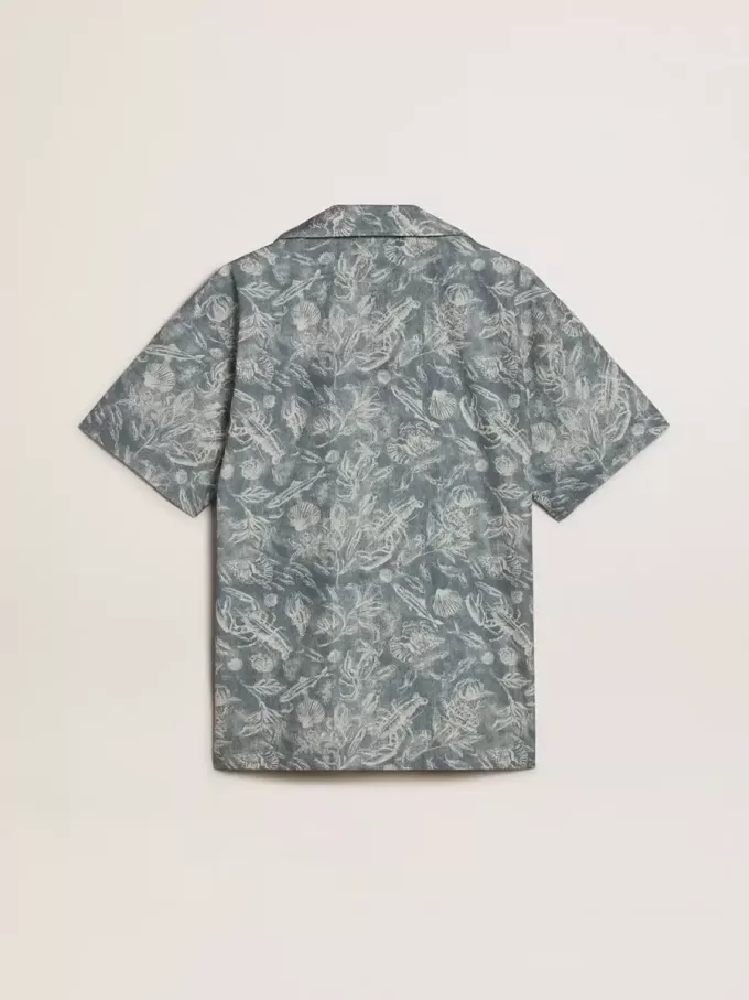 Cămașă din poplin pentru bărbați, cu mâneci scurte, în stil pijama, cu imprimeu marin albastru și alb Cămașă din poplin pentru bărbați, cu mâneci scurte, în stil pijama, cu imprimeu marin albastru și alb