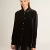 Cămașă neagră cu efect de catifea și broderie