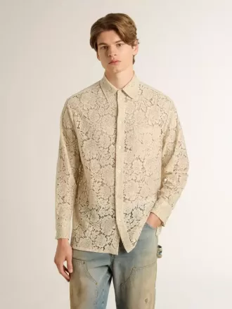 Cămașă oversized din dantelă transparentă de culoare crem