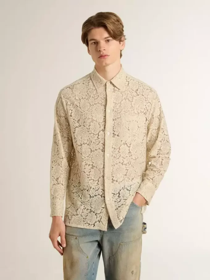 Cămașă oversized din dantelă transparentă de culoare crem Cămașă oversized din dantelă transparentă de culoare crem