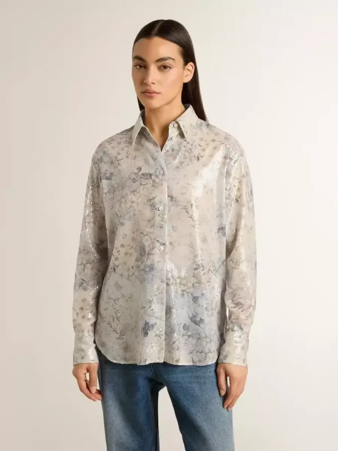 Cămașă pentru femei cu imprimeu floral multicolor cu paiete Cămașă pentru femei cu imprimeu floral multicolor cu paiete