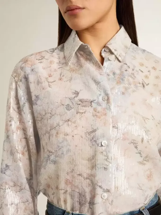 Cămașă pentru femei cu imprimeu floral multicolor cu paiete Cămașă pentru femei cu imprimeu floral multicolor cu paiete