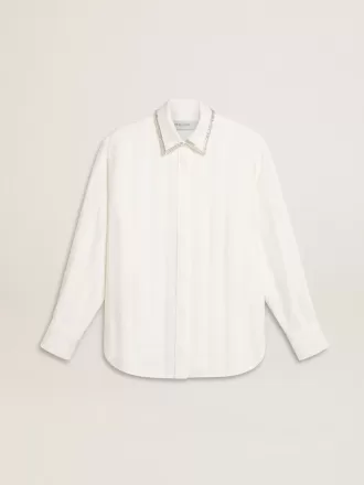Cămașă pentru femei cu model cu dungi verticale și broderie cu cristale