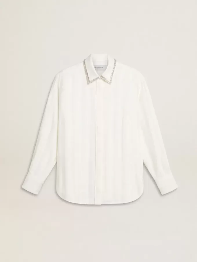 Cămașă pentru femei cu model cu dungi verticale și broderie cu cristale Cămașă pentru femei cu model cu dungi verticale și broderie cu cristale