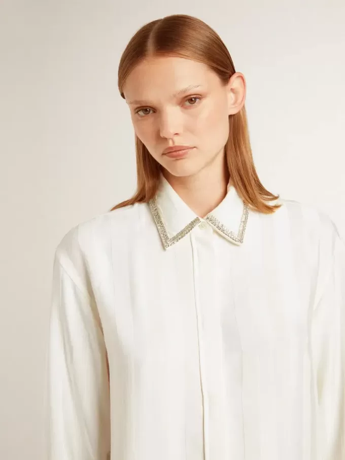 Cămașă pentru femei cu model cu dungi verticale și broderie cu cristale Cămașă pentru femei cu model cu dungi verticale și broderie cu cristale