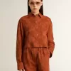 Cămașă scurtă pentru femei din jacquard roșu cărămiziu cu mâneci largi Cămașă scurtă pentru femei din jacquard roșu cărămiziu cu mâneci largi
