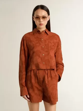 Cămașă scurtă pentru femei din jacquard roșu cărămiziu cu mâneci largi