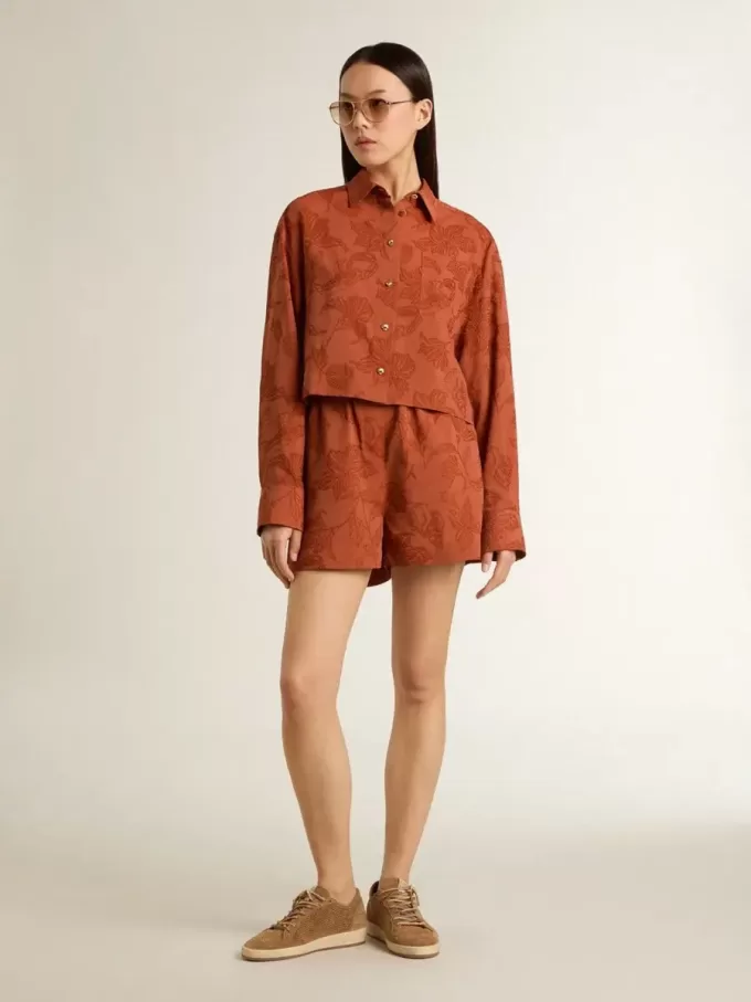 Cămașă scurtă pentru femei din jacquard roșu cărămiziu cu mâneci largi Cămașă scurtă pentru femei din jacquard roșu cărămiziu cu mâneci largi