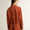 Cămașă scurtă pentru femei din jacquard roșu cărămiziu cu mâneci largi Cămașă scurtă pentru femei din jacquard roșu cărămiziu cu mâneci largi
