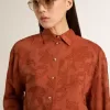 Cămașă scurtă pentru femei din jacquard roșu cărămiziu cu mâneci largi Cămașă scurtă pentru femei din jacquard roșu cărămiziu cu mâneci largi