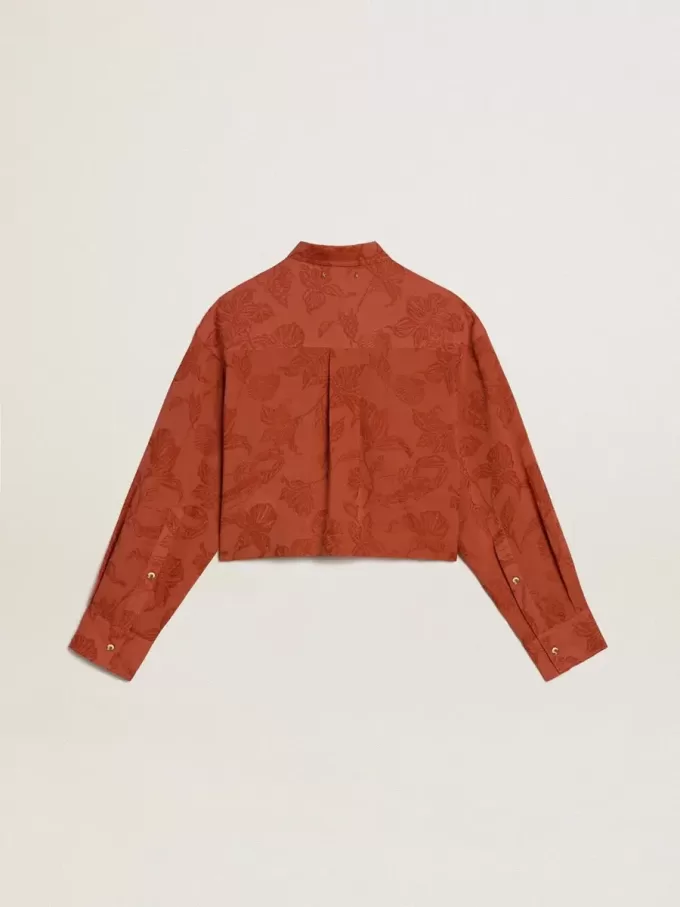 Cămașă scurtă pentru femei din jacquard roșu cărămiziu cu mâneci largi Cămașă scurtă pentru femei din jacquard roșu cărămiziu cu mâneci largi