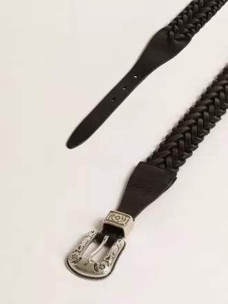 Curea din piele împletită neagră cu cataramă argintie
