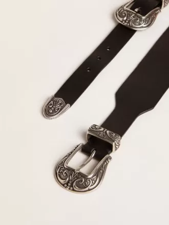 Curea neagră din piele spălată, cu cataramă dublă argintie