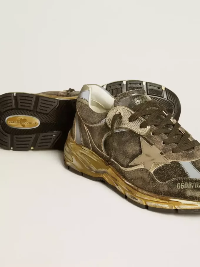 Dad-Star pentru bărbați din piele de căprioară și nailon, cu stea din piele kaki și bandă pe călcâi Dad-Star pentru bărbați din piele de căprioară și nailon, cu stea din piele kaki și bandă pe călcâi