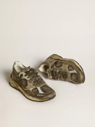 Dad-Star pentru femei din piele de căprioară și nailon, cu stea din piele kaki și bandă la călcâi Dad-Star pentru femei din piele de căprioară și nailon, cu stea din piele kaki și bandă la călcâi