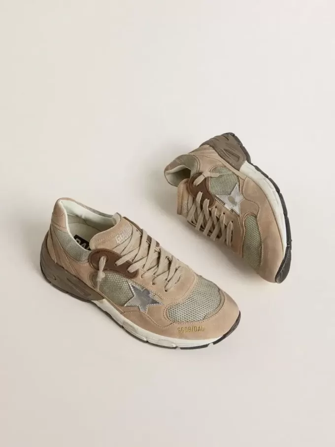 Dad-Star pentru femei, din plasă bej și piele întoarsă, cu stea din piele argintie Dad-Star pentru femei, din plasă bej și piele întoarsă, cu stea din piele argintie