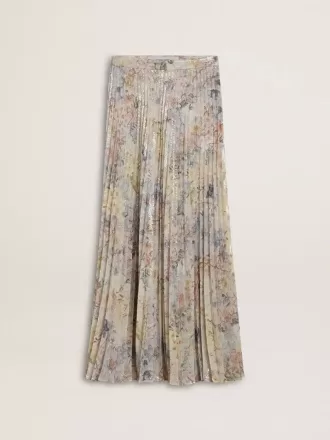 Fustă lungă plisată pentru femei, cu imprimeu floral multicolor din paiete Fustă lungă plisată pentru femei, cu imprimeu floral multicolor din paiete