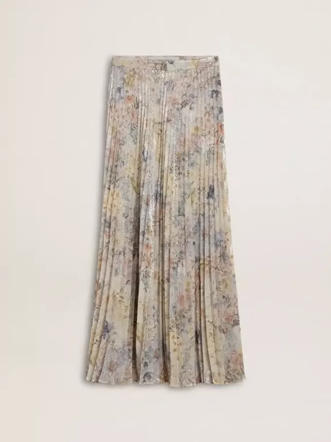 Fustă lungă plisată pentru femei, cu imprimeu floral multicolor din paiete Fustă lungă plisată pentru femei, cu imprimeu floral multicolor din paiete