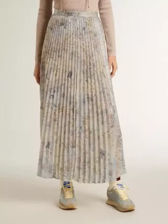 Fustă lungă plisată pentru femei, cu imprimeu floral multicolor din paiete Fustă lungă plisată pentru femei, cu imprimeu floral multicolor din paiete