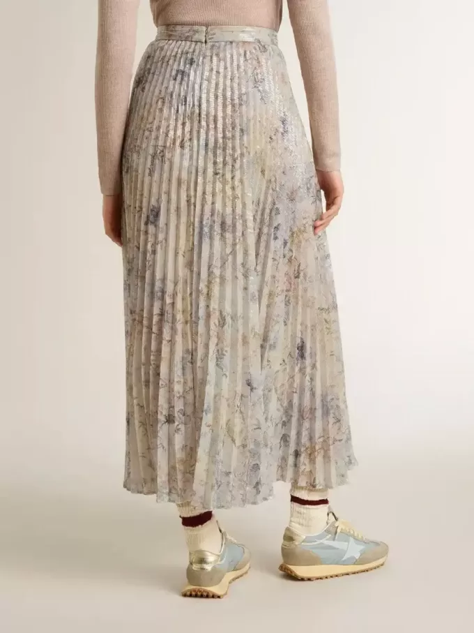 Fustă lungă plisată pentru femei, cu imprimeu floral multicolor din paiete Fustă lungă plisată pentru femei, cu imprimeu floral multicolor din paiete
