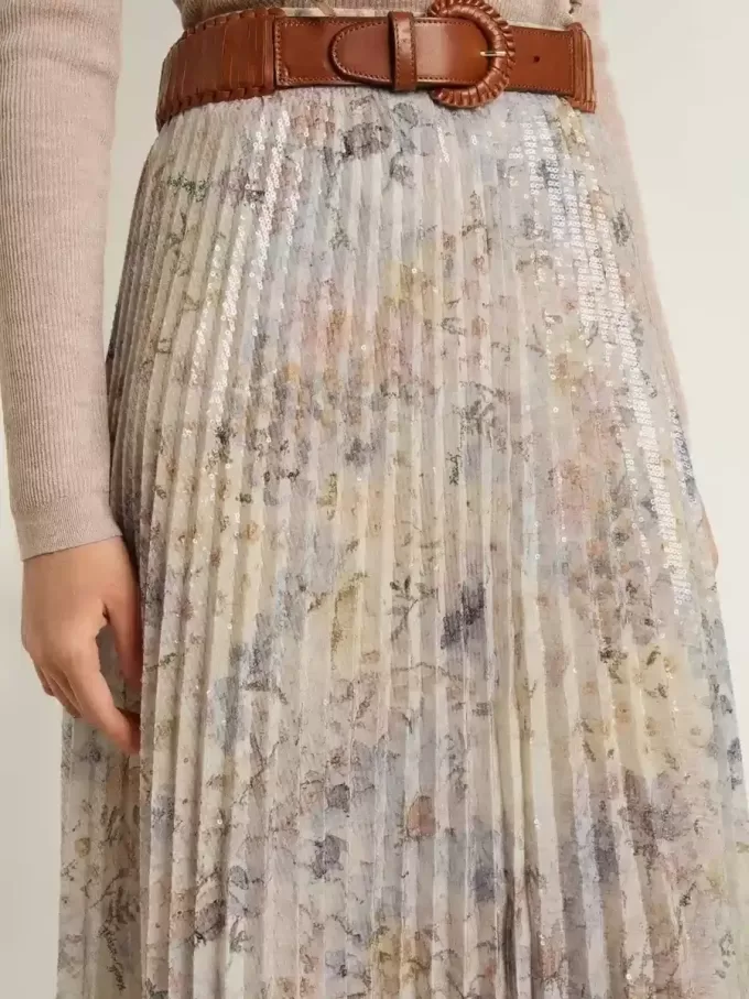 Fustă lungă plisată pentru femei, cu imprimeu floral multicolor din paiete Fustă lungă plisată pentru femei, cu imprimeu floral multicolor din paiete