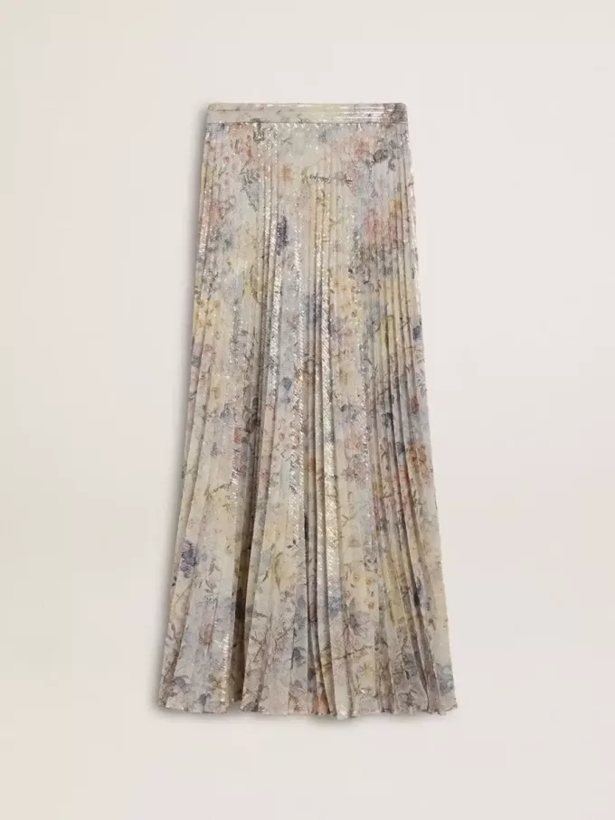 Fustă lungă plisată pentru femei, cu imprimeu floral multicolor din paiete Fustă lungă plisată pentru femei, cu imprimeu floral multicolor din paiete