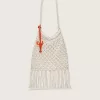 Geantă macramé pentru femei din bumbac de culoarea untului, cu un charm din piele în formă de homar Geantă macramé pentru femei din bumbac de culoarea untului, cu un charm din piele în formă de homar