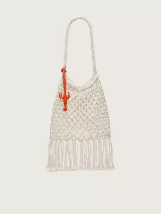 Geantă macramé pentru femei din bumbac de culoarea untului, cu un charm din piele în formă de homar