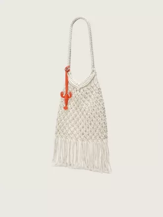 Geantă macramé pentru femei din bumbac de culoarea untului, cu un charm din piele în formă de homar