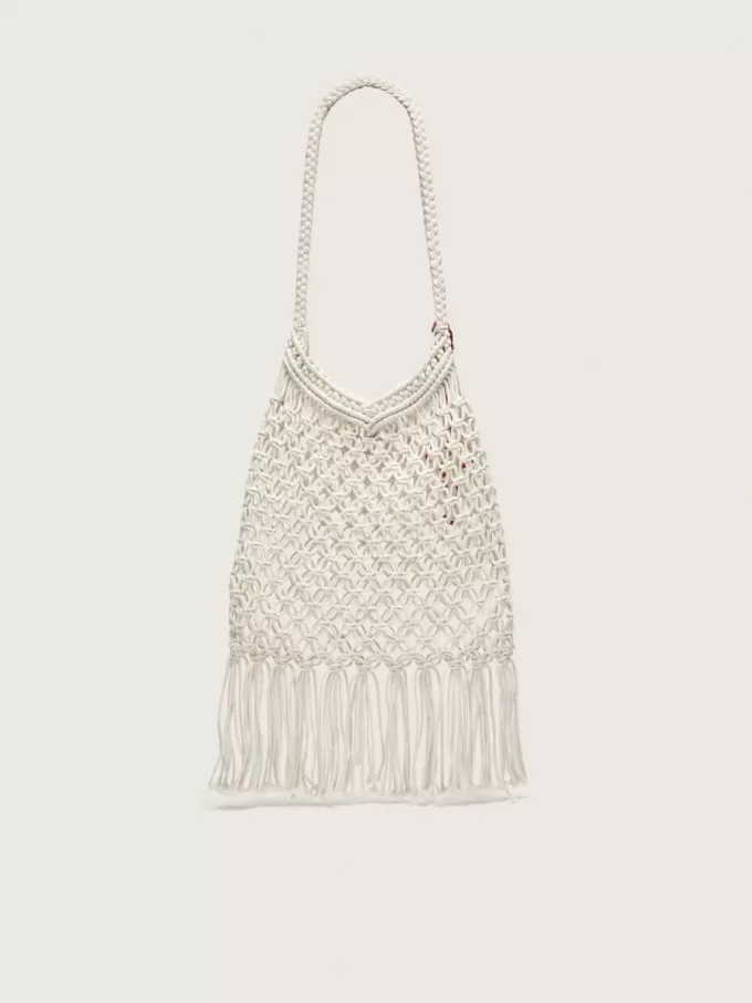 Geantă macramé pentru femei din bumbac de culoarea untului, cu un charm din piele în formă de homar Geantă macramé pentru femei din bumbac de culoarea untului, cu un charm din piele în formă de homar