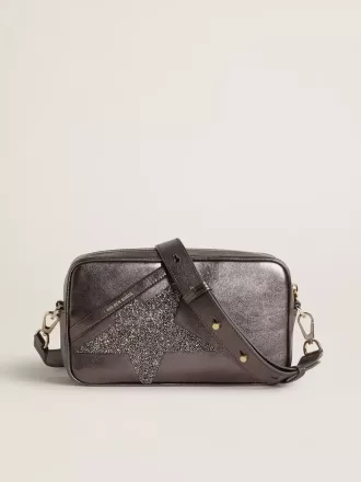 Geantă Star din piele metalizată gri cu stea din cristal Swarovski