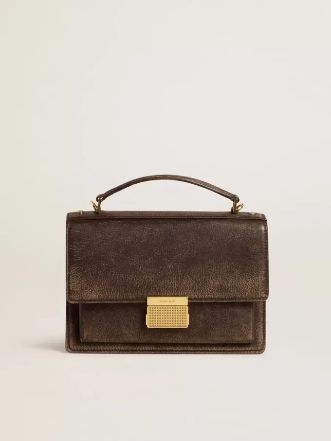 Geantă Venezia din piele vintage maro închis cu detalii aurii Geantă Venezia din piele vintage maro închis cu detalii aurii