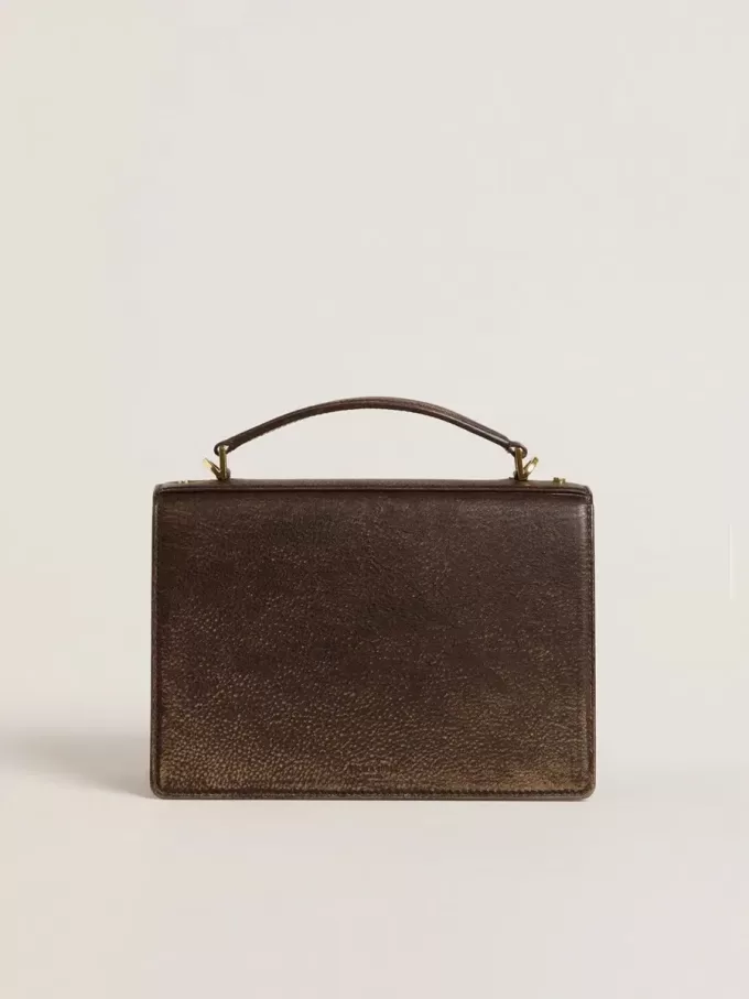Geantă Venezia din piele vintage maro închis cu detalii aurii Geantă Venezia din piele vintage maro închis cu detalii aurii
