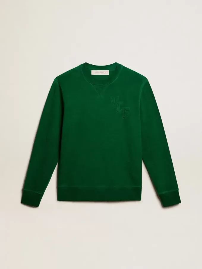 Hanorac cu guler rotund din fleece de bumbac verde Hanorac cu guler rotund din fleece de bumbac verde