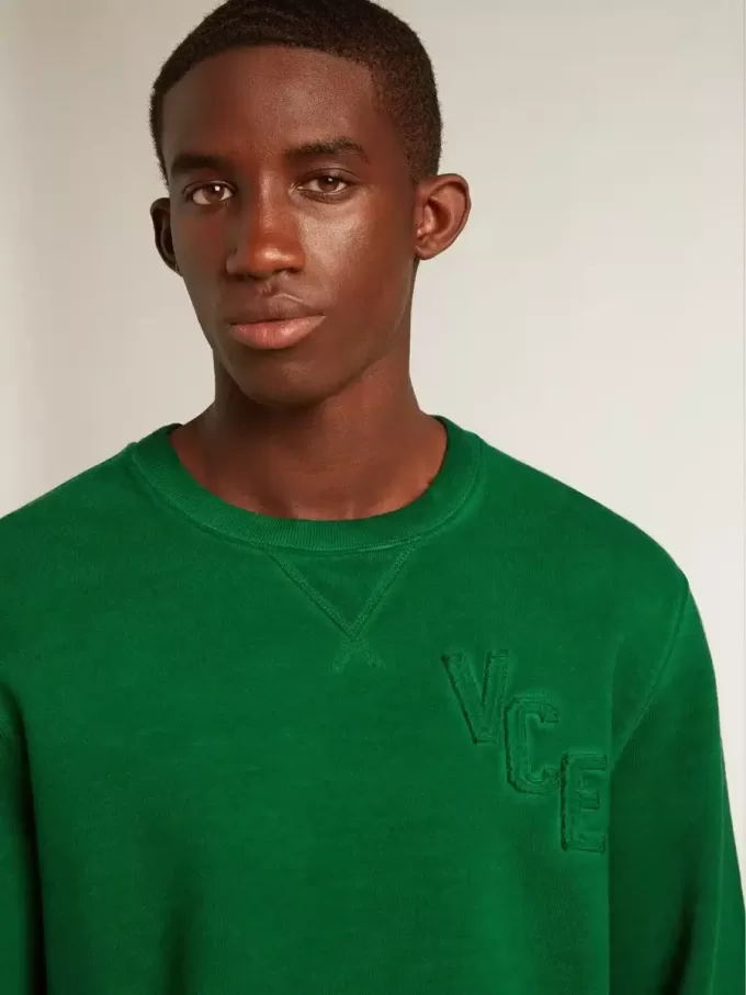 Hanorac cu guler rotund din fleece de bumbac verde Hanorac cu guler rotund din fleece de bumbac verde