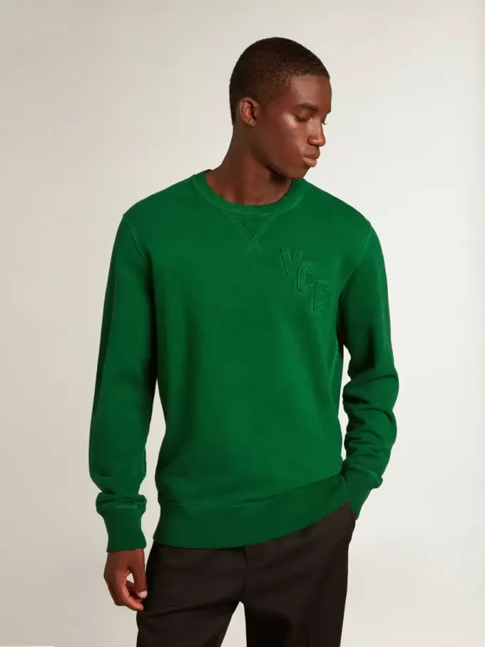 Hanorac cu guler rotund din fleece de bumbac verde Hanorac cu guler rotund din fleece de bumbac verde