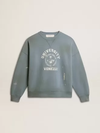 Hanorac oversized în culoarea albastru deschis, cu finisaj uzat