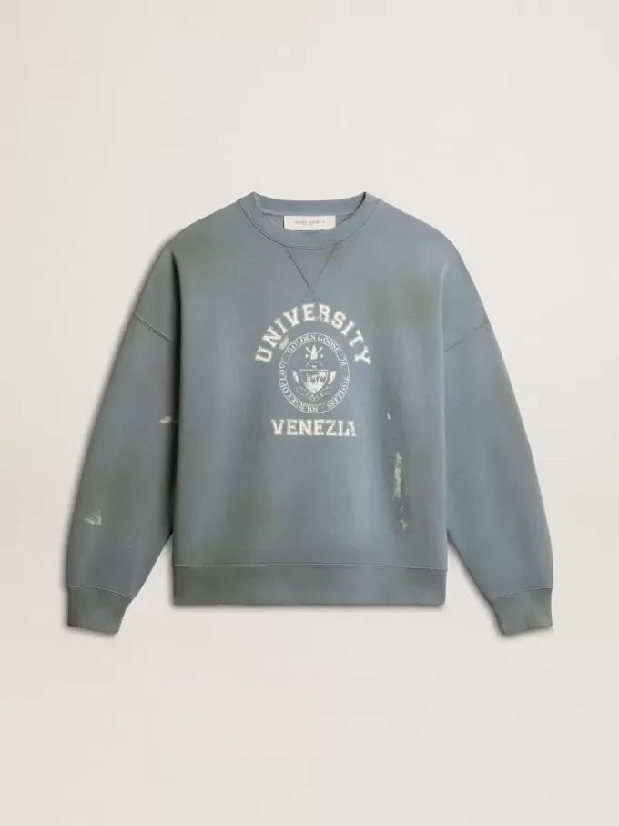 Hanorac oversized în culoarea albastru deschis, cu finisaj uzat Hanorac oversized în culoarea albastru deschis, cu finisaj uzat