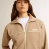 Hanorac pentru femei, de culoare bej deschis, cu fermoar și logo alb Hanorac pentru femei, de culoare bej deschis, cu fermoar și logo alb
