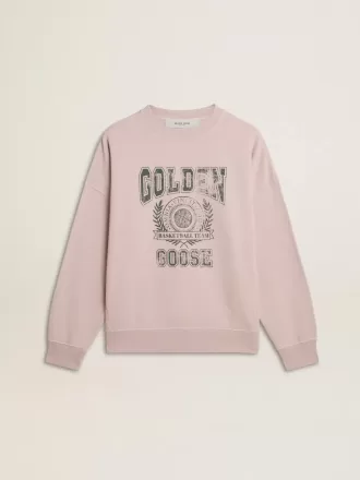 Hanorac unisex cu guler rotund, de culoare roz vechi, cu imprimeu verde cu logo