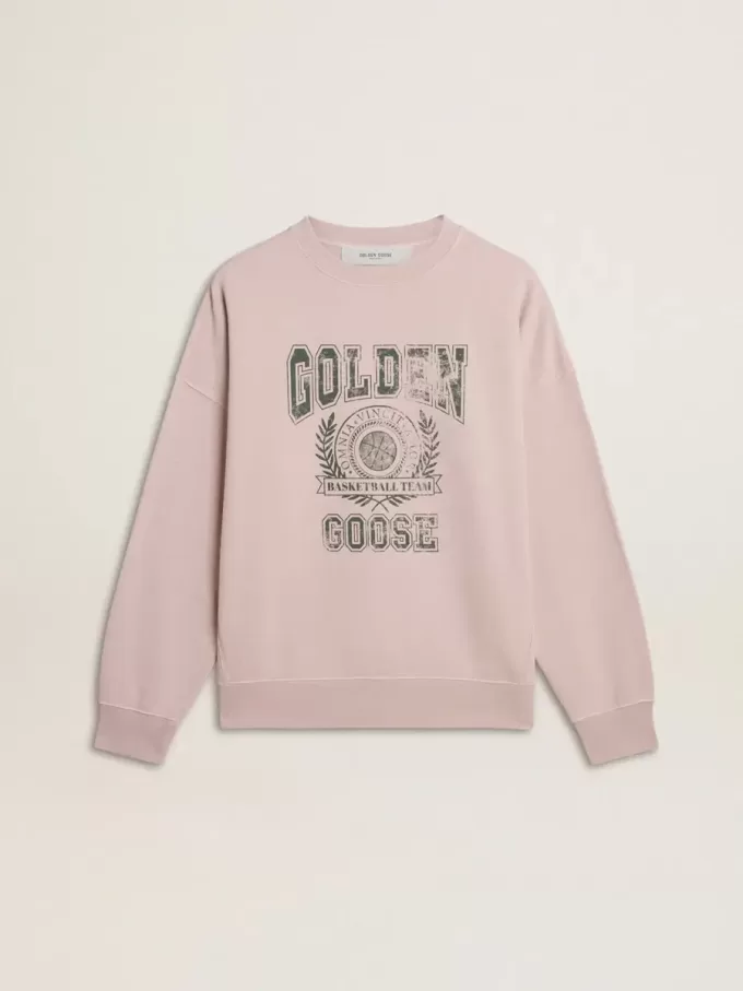 Hanorac unisex cu guler rotund, de culoare roz vechi, cu imprimeu verde cu logo