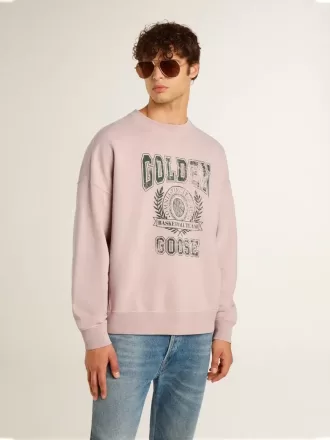 Hanorac unisex cu guler rotund, de culoare roz vechi, cu imprimeu verde cu logo